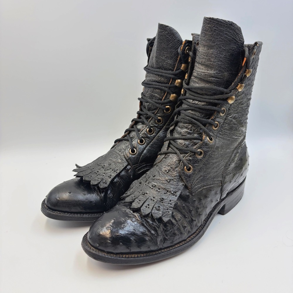 VTG Lucchese Black Ostrich Leather Lace Up Packer Boots Kiltie F6022 Womens 6.5